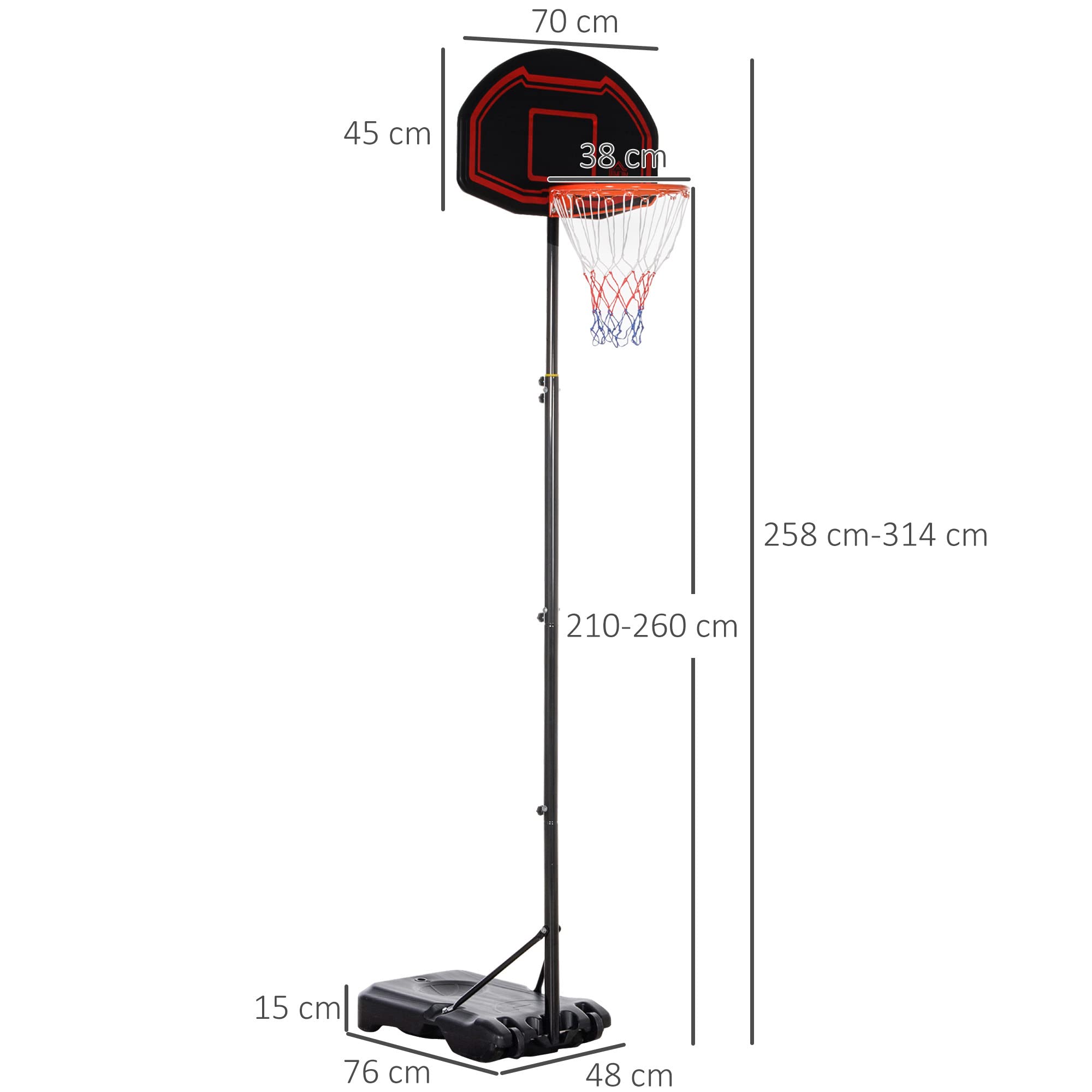 HOMCOM Panier de Basket extérieur avec Poteau Panneau, Base de lestage sur roulettes Hauteur réglable 2,1-2,6 m (Panier)