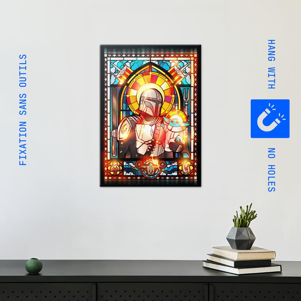 Displate Metallposter Star Wars – Mandalorian Buntglas – Grogu Din Djarin – Galaxis Saga – Sammlergeschenk – Premium Wanddekoration Wandkunst Deko Film Poster – 32 cm x 45 cm
