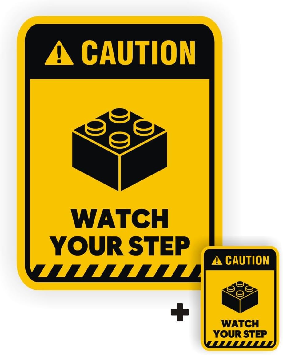 2pcs Caution Watch Your Step Toy Brick Building Block Funny Vinyl Sticker Door Wall Safety Warning Sign 5" & 2" for your Brick Lego Playroom Wall Door Furniture