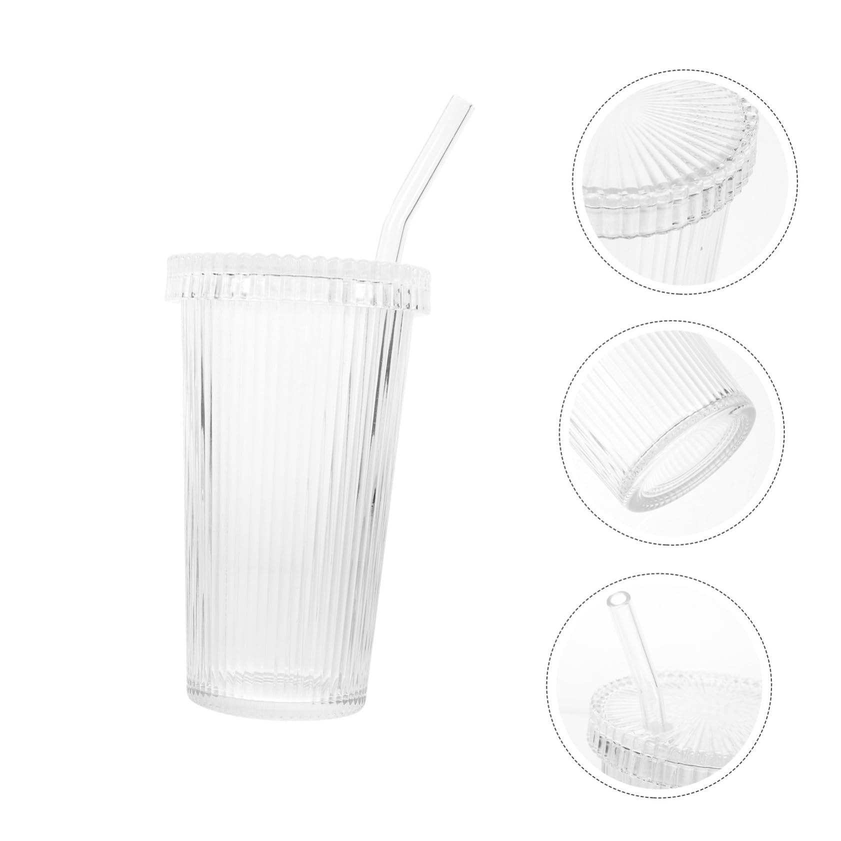 HEALEEP Glass Milk Straw Cup Vertical Stripe Pattern Coffee Cup Stylish and Practical