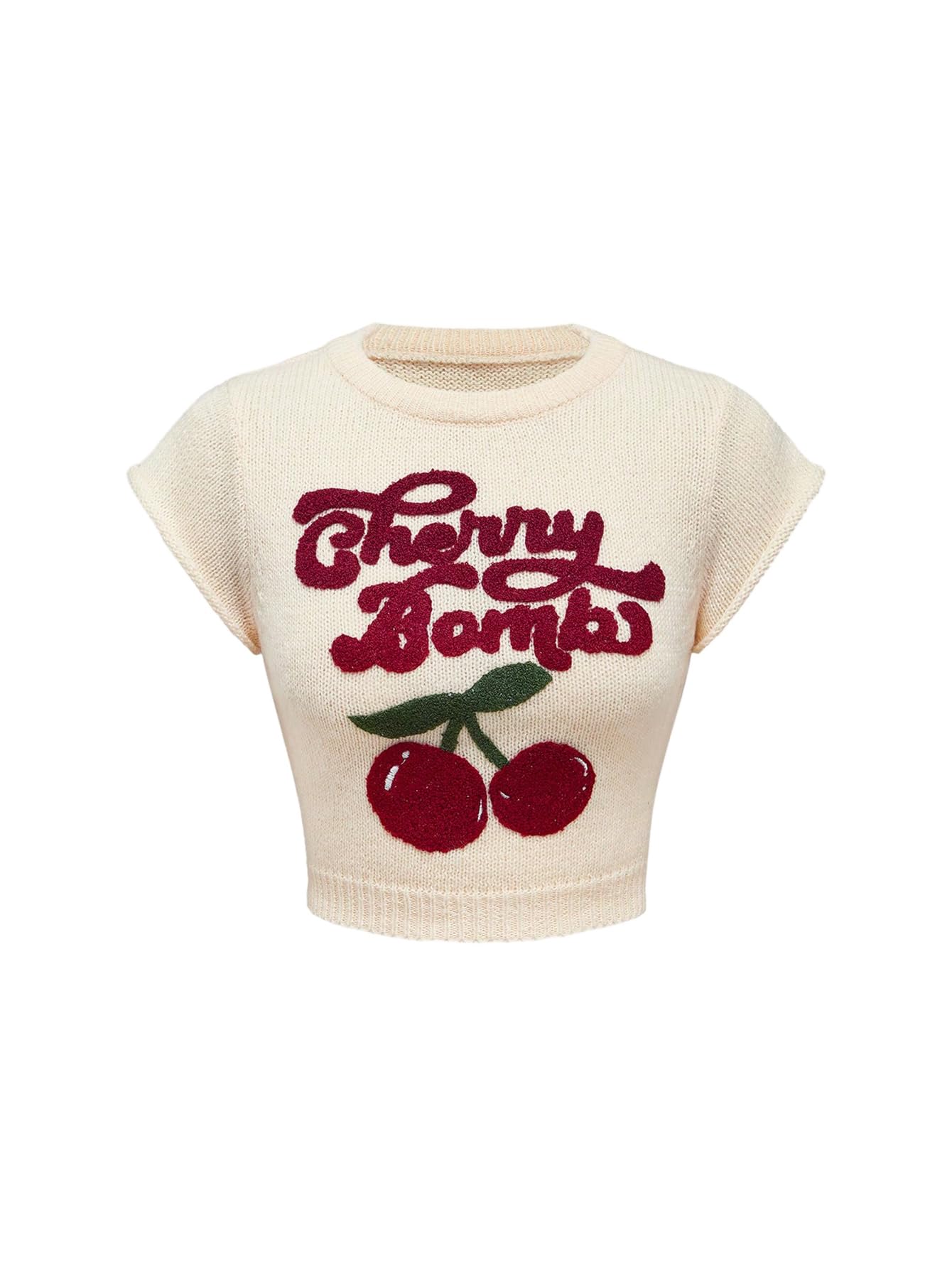 SHENHE Womens Y2k Cherry Sweater Vest Cap Sleeve Crew Neck Slim Fit Cropped Sweater Pullover