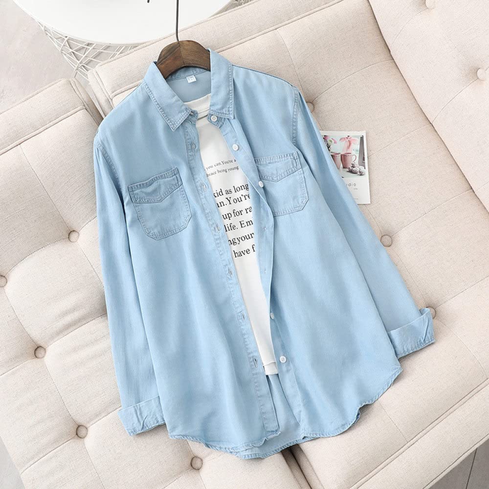 MIDJ Bluse Damen,Damen Denim Hemdjacke Basic Blau Seidenartige Weiche Jeanshemd Tunika V-Ausschnitt Lässiges Revers Businesshemd Lange Ärmel Vintage Knopf Übergangsjacke für Mädchen,Hellblau,S