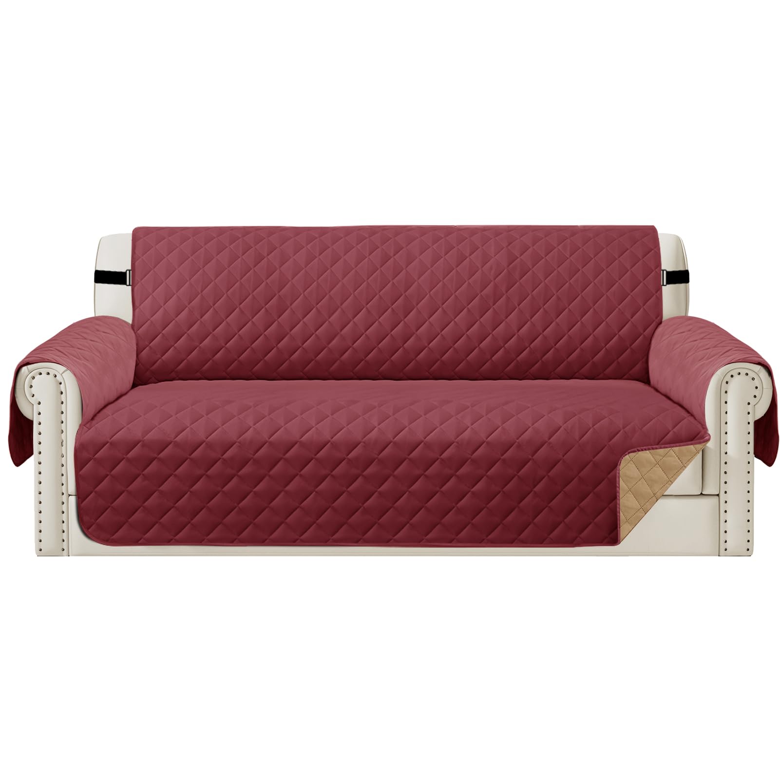 Teynewer Sofa Covers 3 Seater Water Repellent Reversible Sofa Slipcovers Couch Settee Covers Non-Slip Furniture Slipcovers with Elastic Straps for Kids Pets, Red/Tan