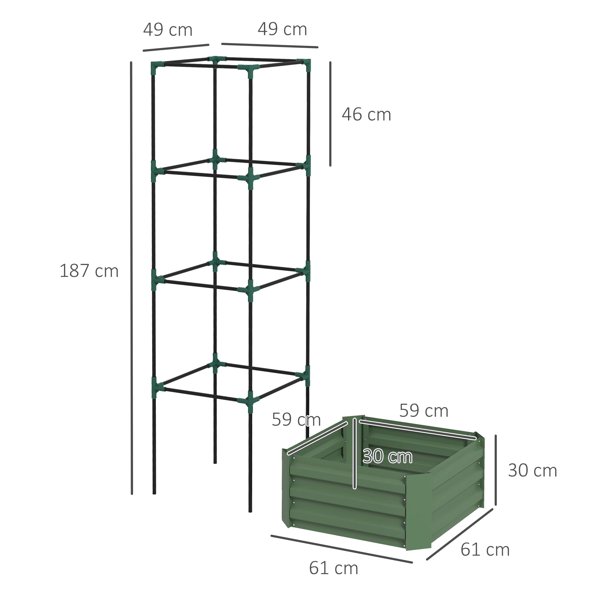 Outsunny Jardinière avec treillis ajustable, bac à fleurs cage à tomates, lit surélevé, pour plantes grimpantes, légumes, fleurs, en acier galvanisé, intérieur et extérieur, cour, jardin, balcon, vert