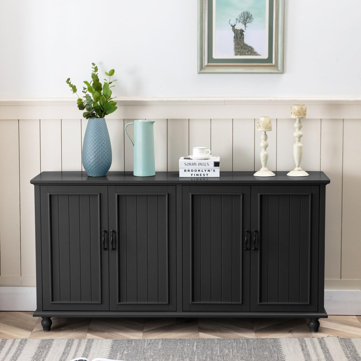 Wooden Storage Cabinet with Four Doors, Sideboard Console Table, Minimalist Farmhouse Style, for Living Room, Dining Room, Hallway Furniture for Home Decor (Blue)-image-20