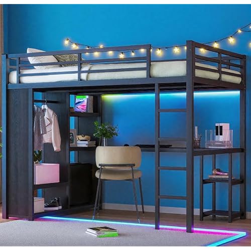 Bellemave Queen Size Loft Bed with Desk, Wardrobe, Metal Queen Loft Bed Frame for Adults, Kids, Teens, Black