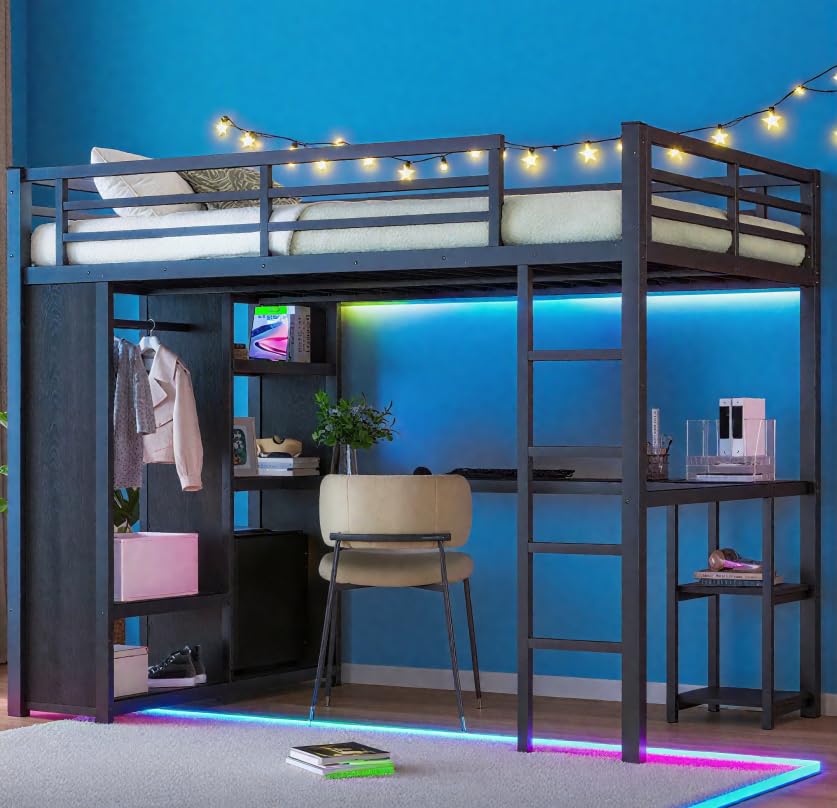 Image of Bellemave Twin XL Loft Bed with Desk, Wardrobe, Metal Twin XL Loft Bed Frame for Adults, Kids, Teens, Black