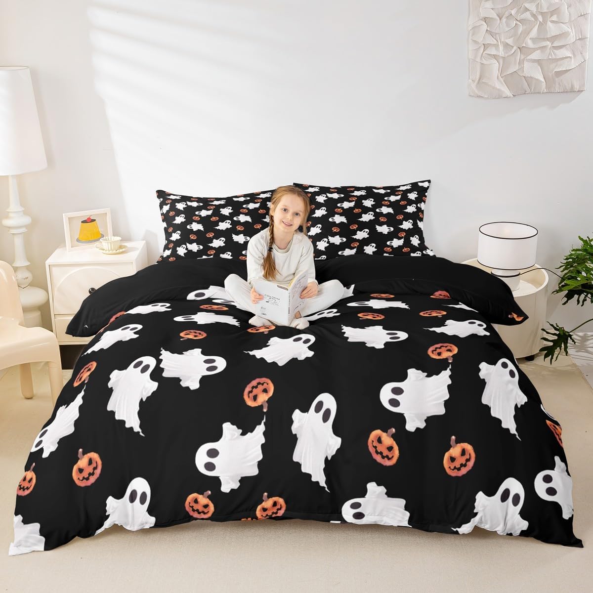 jejeloiu Cute Ghost Comforter Cover Toddler Kids Kawaii Flowers Floral Geometric Bedding Set for Boys Girls Pink Halloween Duvet Cover Room Decor（No Comforter