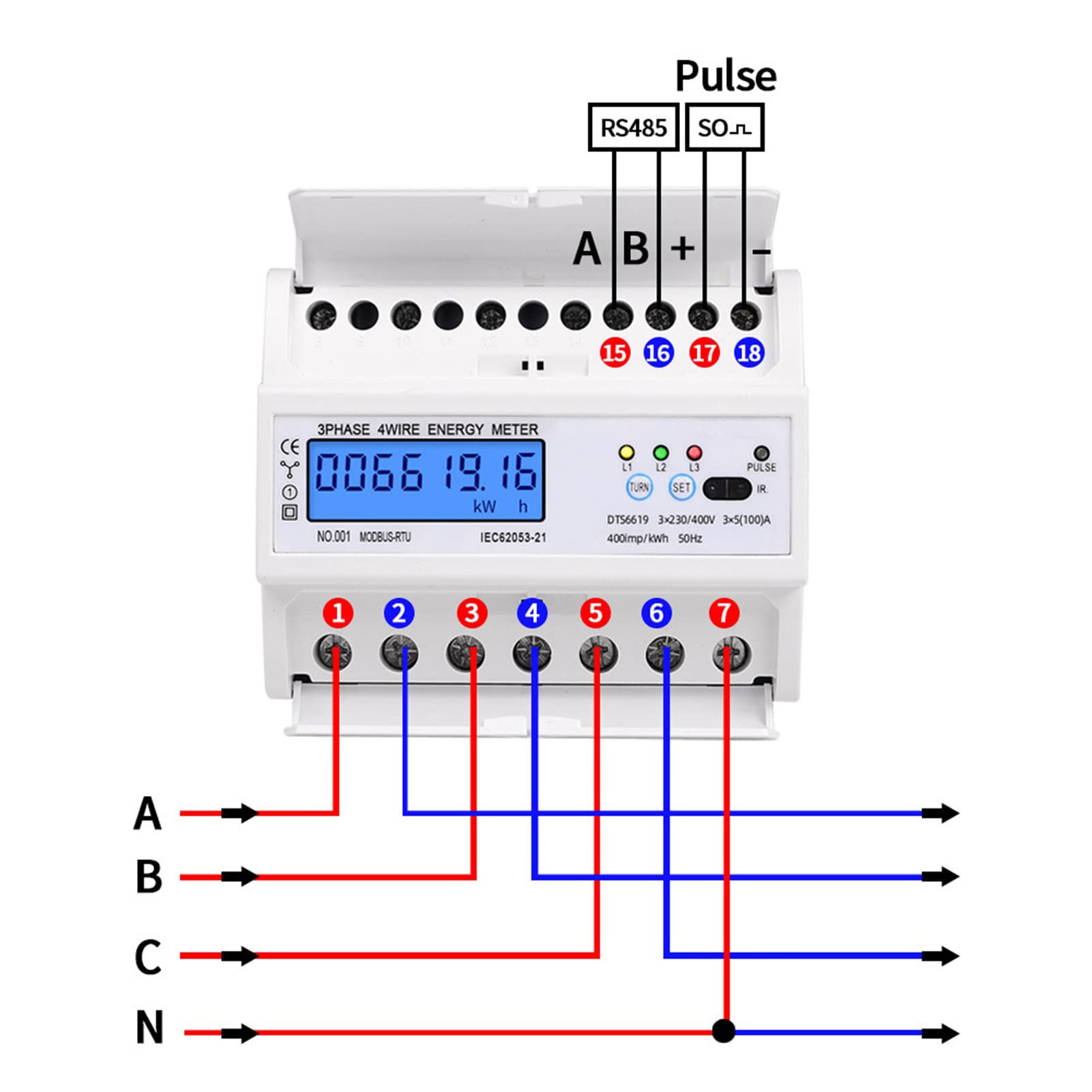 DTS6619-016 3-Phasen-Energiezähler 380 V 7P LCD-Digitalanzeige