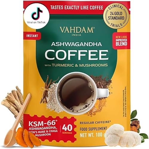 VAHDAM, Instant Mushroom Coffee with KSM 66 Ashwagandha (250mg, 40 servings), Turmeric, Lion's Mane and Chaga Mushroom | 100% Arabica Coffee | Supports Better Focus and Immunity | Enjoy Hot or Iced