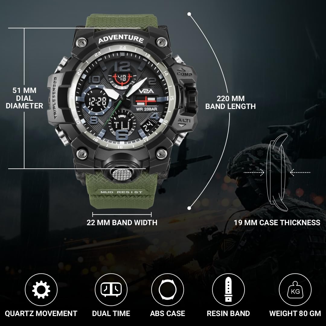 V2A Resin Military Green Chronograph Analogue And Digital Sports Watch For Men And Boys (Army Green), Black Dial, Black Band