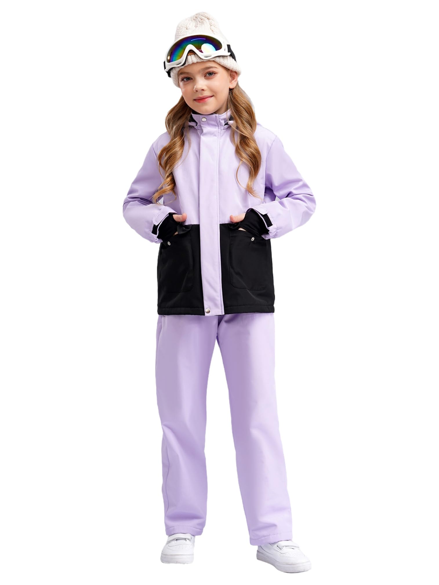 ranrann Ensemble de Ski Enfant Fille Garçon Manteau à Capuche Coupe-Vent avec Pantalon de Ski Neige Chaud Ensembles de Neige Sport Plein Air Violet clair 9-10 ans