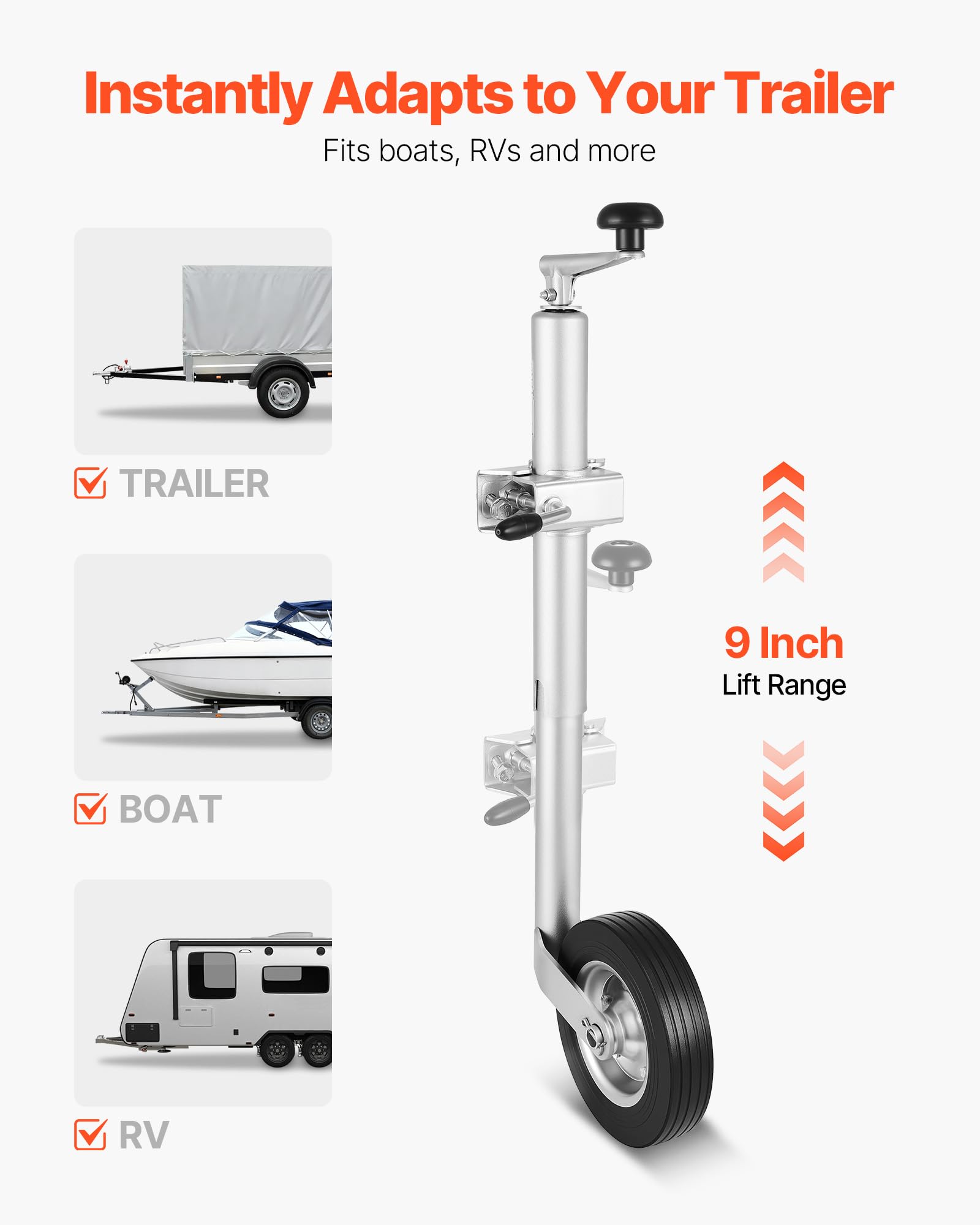 VEVOR Roue Jockey Remorque Charge 150 kg Cric de Remorque à Roue Levage 23 cm Cric de Timon à Boulonner pour Petites Remorques à Bateaux, Chevaux, Utilitaires, Sortie Camping, avec Poignée Ergonomique