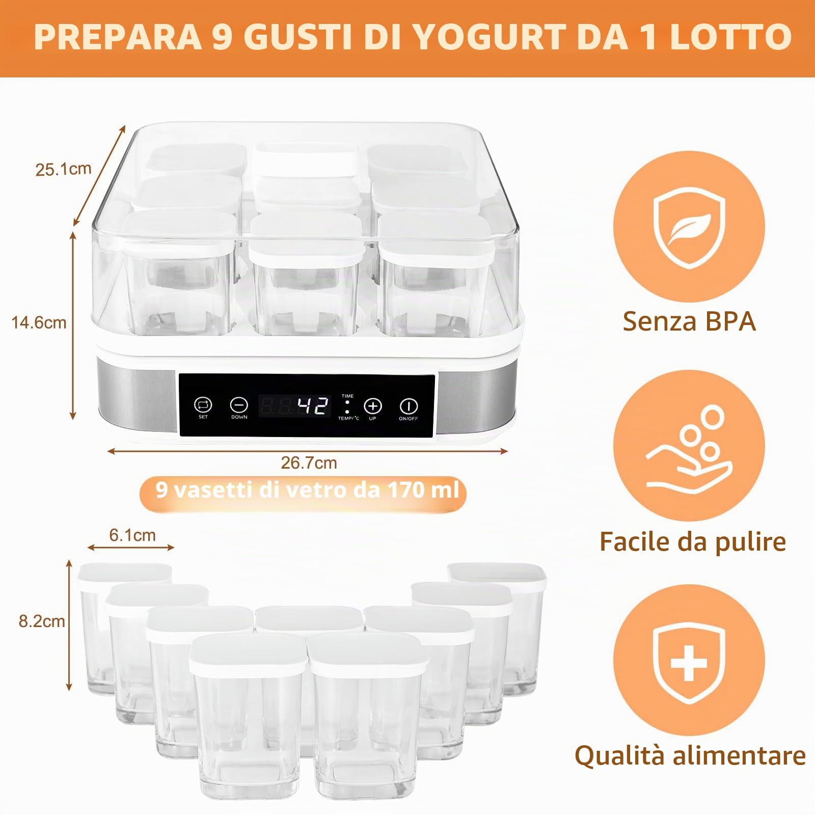 Yogurtiera Elettrica, Macchina per Yogurt in Argento Premium, Yogurtiera con 9 Vasetti da 170 ml, Yogurt Senza Zucchero Fatto in Casa, con Timer Digitale, Arresto Automatico, Display LCD, 40 W