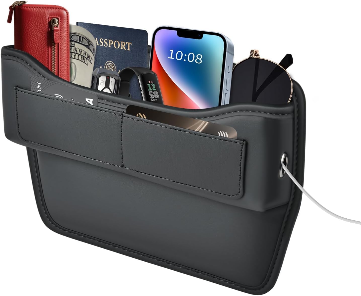 FLORICH Autositz Gap Organizer, Universal Autositz Lückenfüller Organizer, Premium PU Leder Autositzlückenfüller mit Kabelloch für Handys, Karten, Schlüssel für Auto SUV LKW (Standard, 1 Stück)
