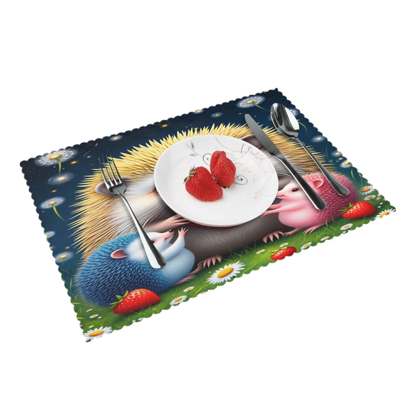 Hedgehog Strawberry Dandelion Placemats Set of 4 Print Table Mats Place Mats Table Decor for Kitchen Dining 12X18 in