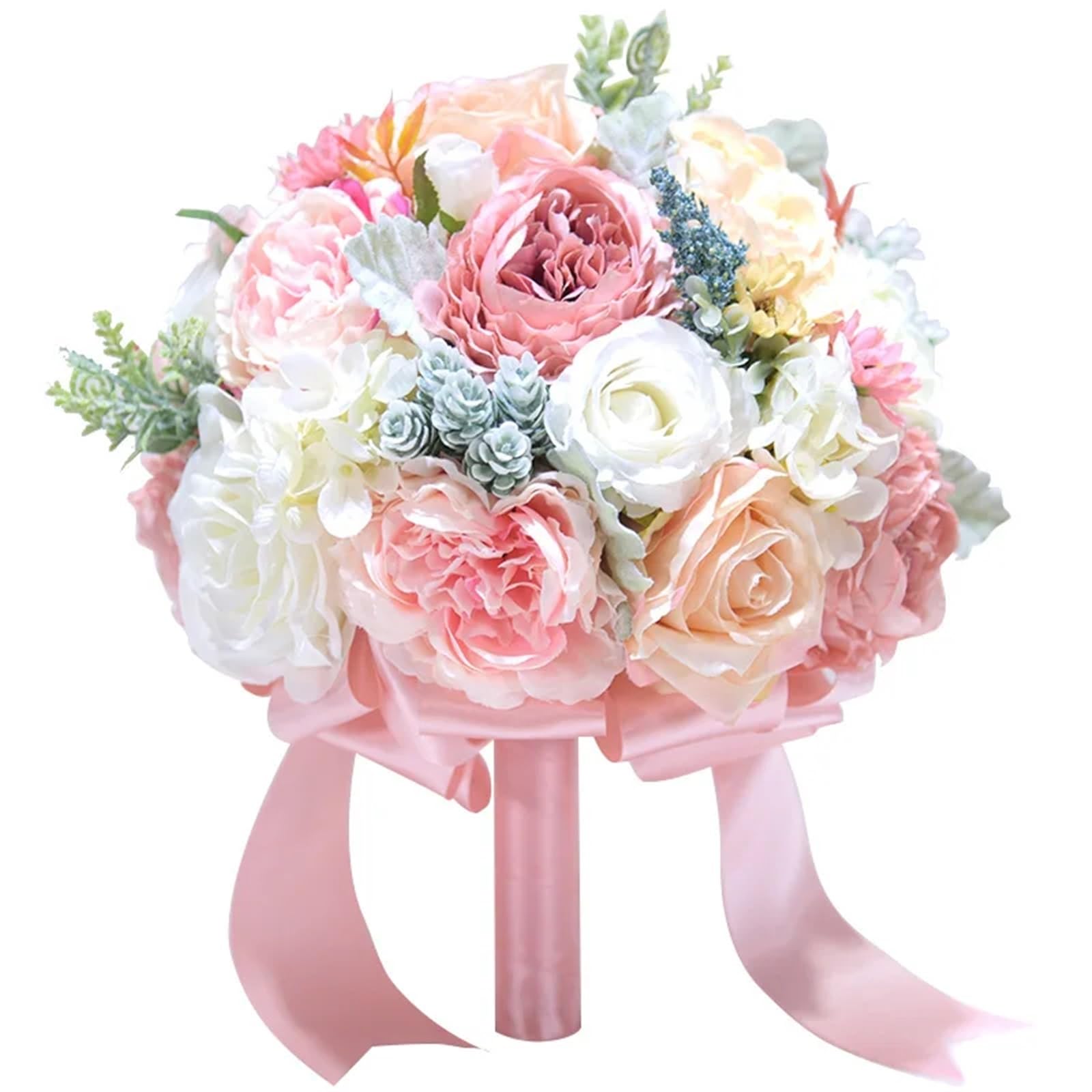 Bouquet artificiali da sposa, bouquet da sposa, Bouquet da sposa in seta con peonie rosa avorio e cipria(Pink)