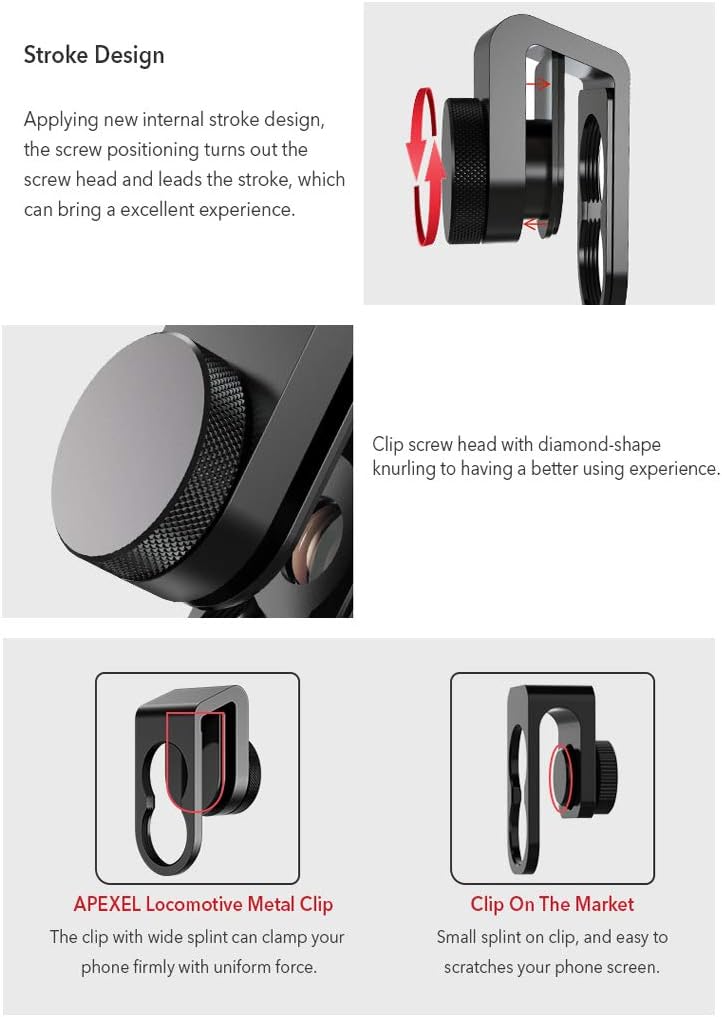 Close-up of the APEXEL universal clip mechanism with a lens attached to a smartphone.