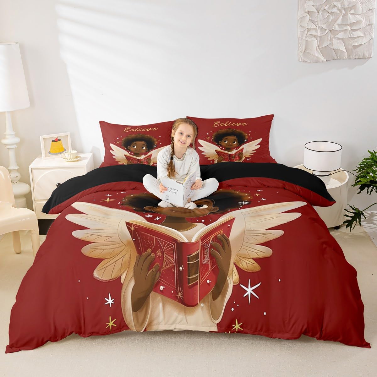 Homewish Merry Christmas poszewka na kołdrę podwójny czarny Święty Mikołaj dekoracje świąteczne zestawy pościeli, afroamerykański anioł narzuta na łóżko czarny afro świąteczny prezent zestaw łóżek