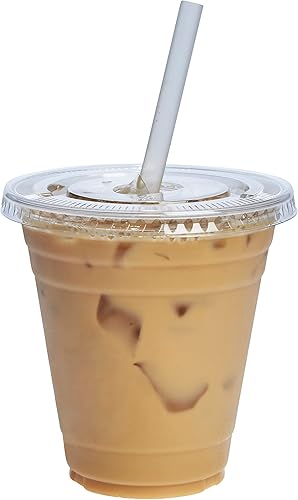 GUSTO Vasos de plástico transparente con tapas planas 12 onzas  100 unidades  Tazas desechables para café helado con tapas  Vasos fríos de plástico
