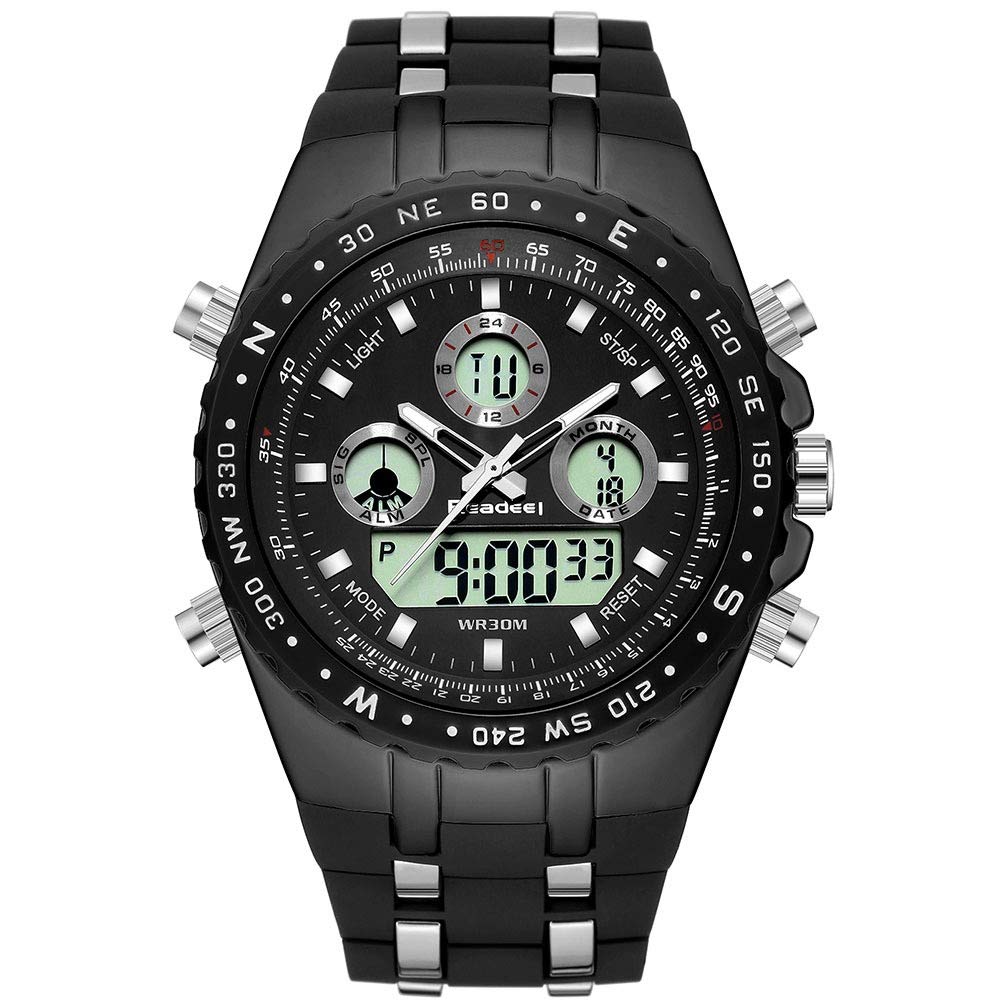 Tgrty Men's Black Fashion Watches Sport Quartz Wrist Watch Waterproof Watches Led Digital Watches Quartz Wristwatch Clock Watches Sturdy (Color : )