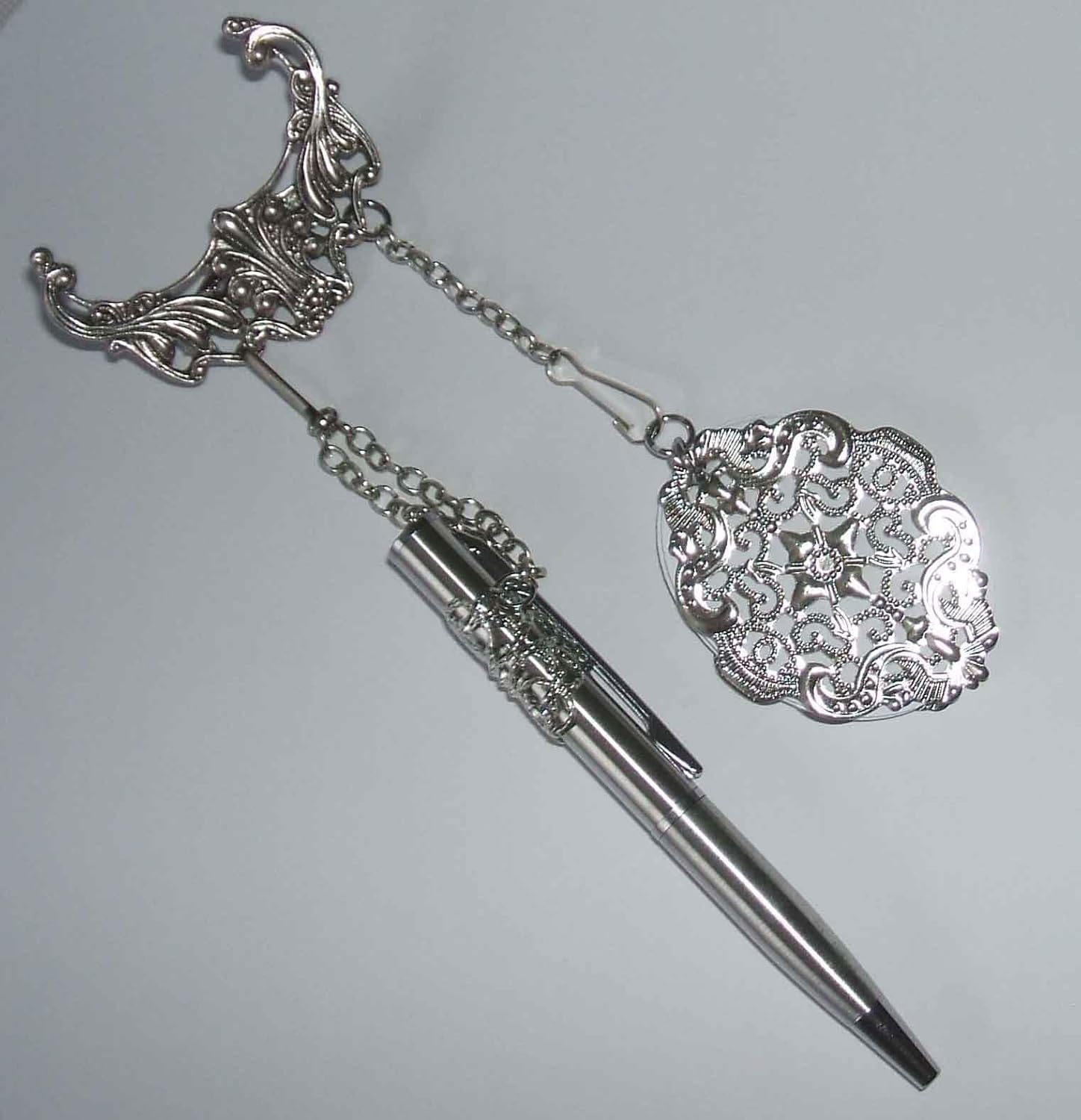 MODERN VICTORIAN Simple CHATELAINE Brooch Pin Useful Pen Notepad Vintage Style Silver Plt