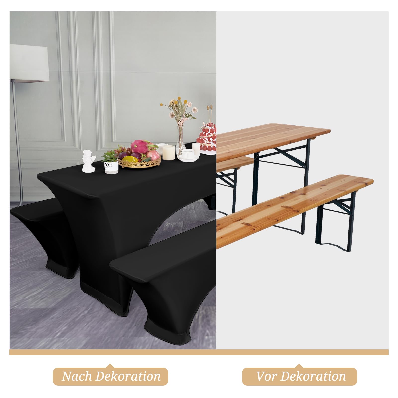 YMHPRIDE 1 set di coperture e tovaglie per panche da birra nere, larghezza tavolo 70 cm, set di tende da birra 220x70x70 cm per mobili da giardino per banchetti da giardino. (3 confezioni)