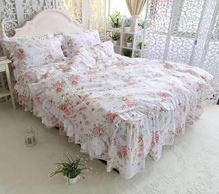 Ruffles Floral Princess 4 Pieces Colorful Flowers Duvet Cover Bedskirt Set Ultra Soft All Season 1.2m Twin Size 3Pcs (1.8m Queen Size 4pcs)