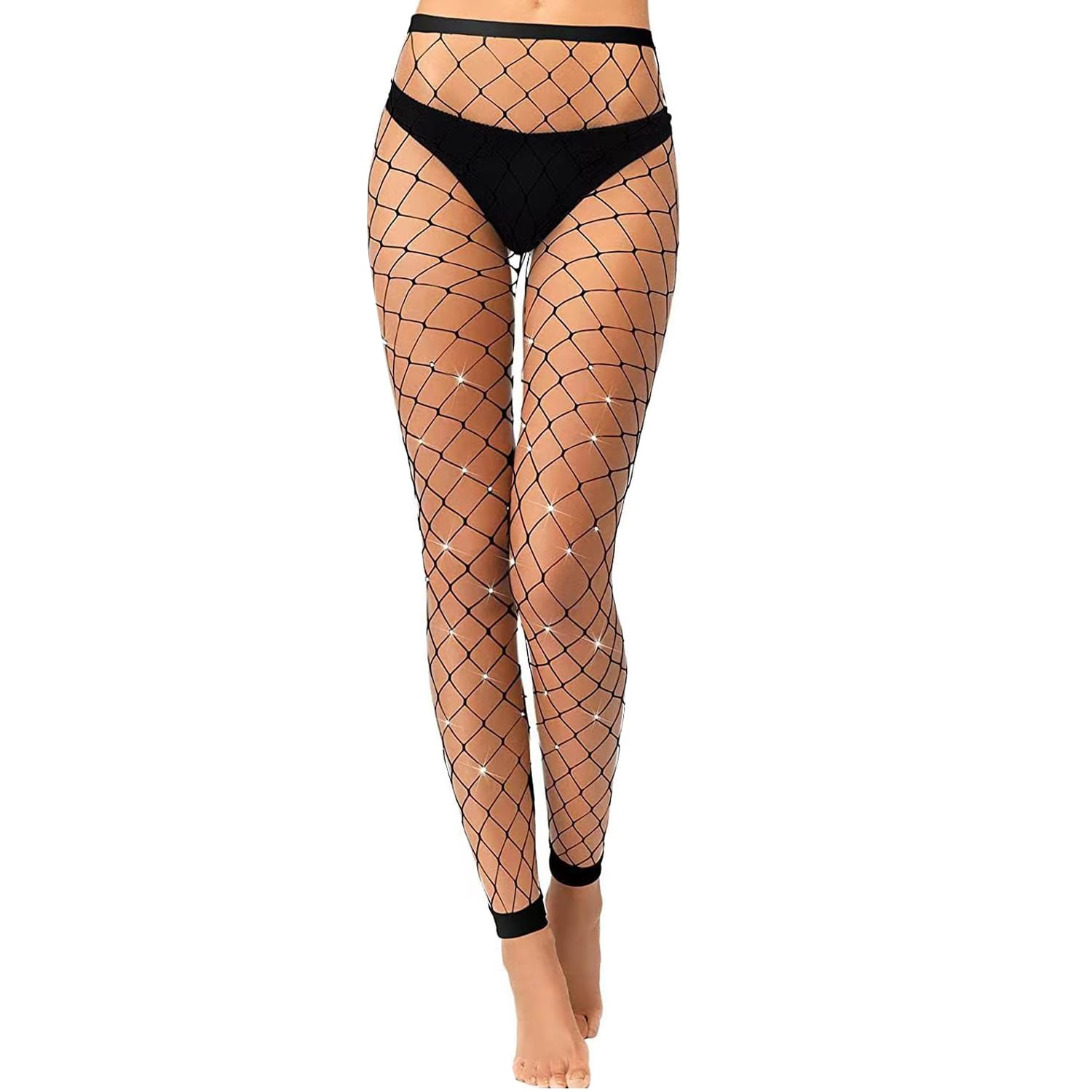 Fohevers Women's Large Net Footless Sparkly Fishnet Glitter Tight Diamante No Toes Tights Diamond Rhinestone Shimmer Fishnets Black,