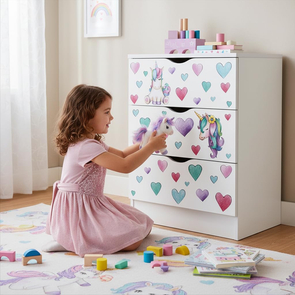 leomark Cajonera de Madera - Roma - Blanca Mesita con cajones, Armario de Dormitorio, Estilo escandinavo, a la habitación de los niños, Dim: 60 x 42 x 78 (H) cm (Unicornio)