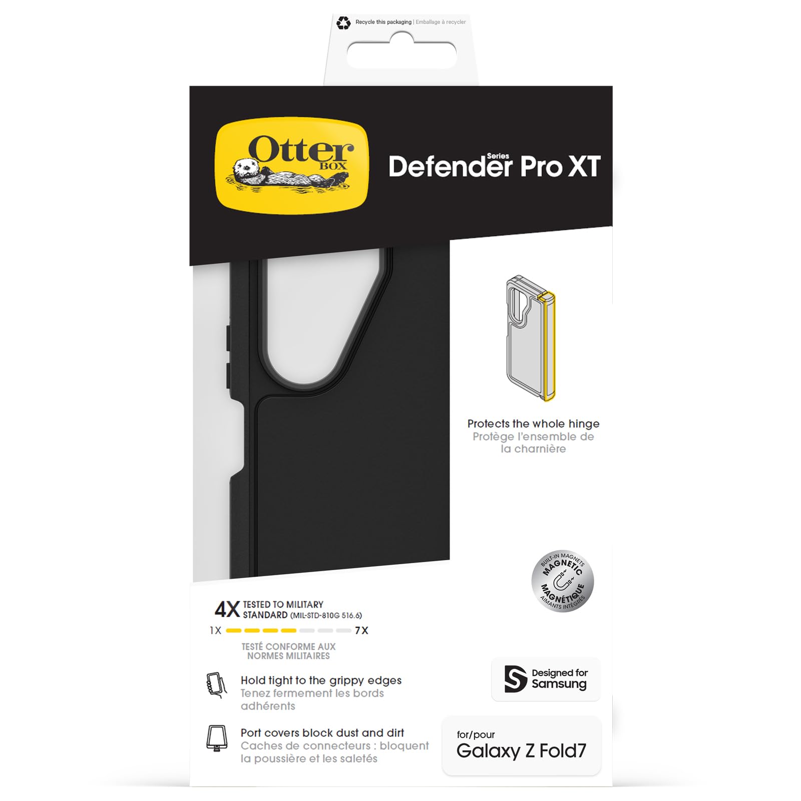OtterBox Cover Defender Pro Series XT con Magneti per Samsung Galaxy Z Fold7, resistente a shock e cadute, cover ultra robusta,testata 4x norme MIL-STD 810G, per telefoni pieghevoli, Nero