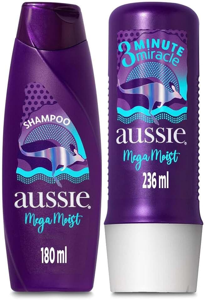Kit Aussie Mega Moist Super Hidratação Shampoo 180Ml e 3 Minutos Milagrosos 236Ml, Aussie, Roxo