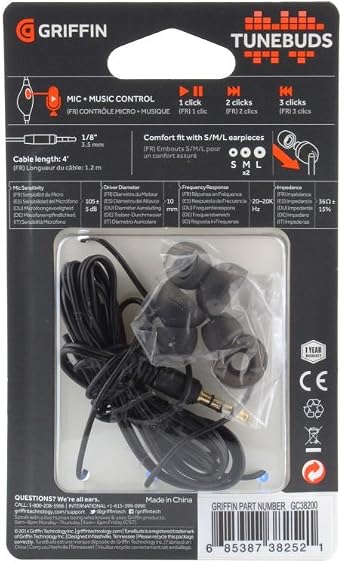 Griffin TUNEBUDS 3.5mm Stereo Handsfree Headset - Retail Packaging - Black