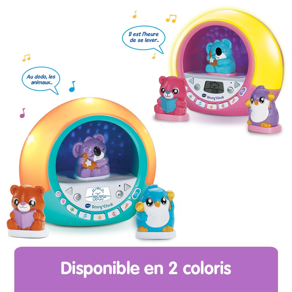 VTech - Story'Clock Rose Ma Conteuse-Réveil - Veilleuse Réveil Éducatif Jour/Nuit - Coach Sommeil Enfant - Boîte à Histoires, 3 Figurines et Projections - Cadeau Enfant Dès 3 Ans - Contenu en Français
