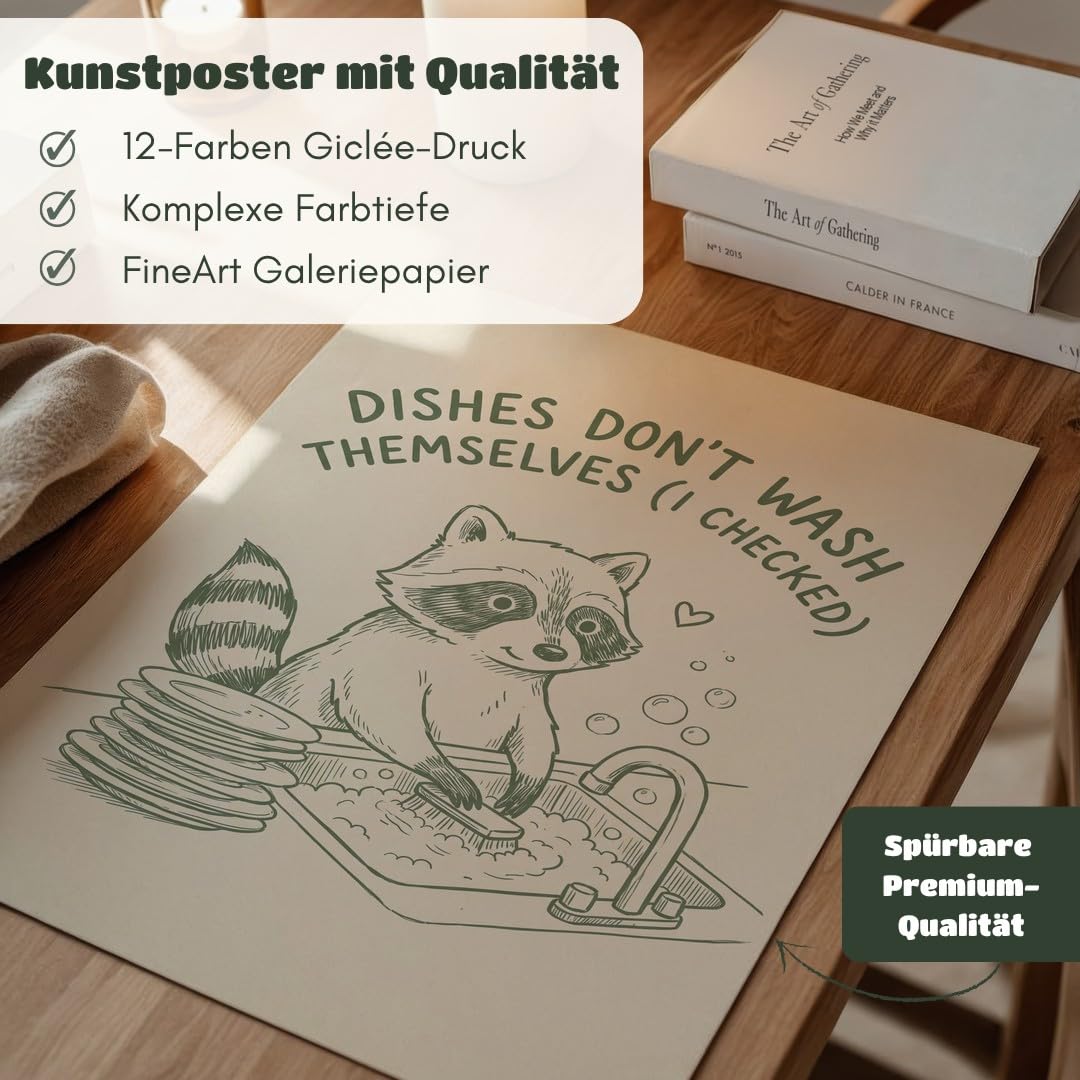 MJ-GRAPHICS® Poster Waschender Waschbär Kunstdruck humorvoll Wandbild Cartoon Stil minimalistisch Küche Deko lustig Tiermotiv Wanddeko Skizzenoptik Wohnzimmer A2 mit weißem Rahmen