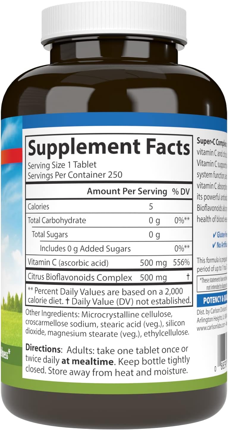 Carlson - Super-C Complex, Vitamin C + Bioflavonoids, Immune Function & Optimal Wellness, Antioxidant, 250 Vegetarian Tablets
