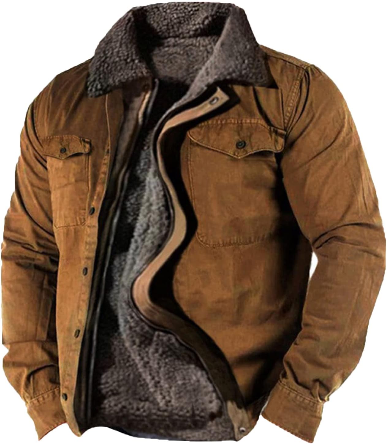 Mens Western Winter Fleece Lined Jacket Mens Lapel Plaid Print Sherpa Jackets Heavy Collared Military Cargo Coats