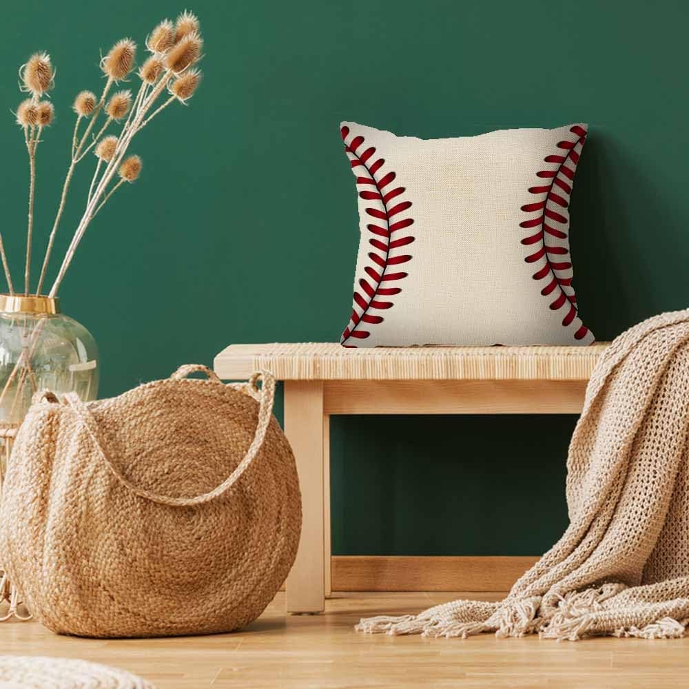 Baseball Throw Pillow Cover 18x18,Red Stitching Seam Pattern Ball Sport Decorative Cushion Cover,Linen Blend Square Pillowcase for Sofa Couch Bed image 3