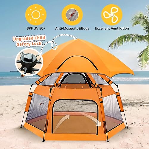 Miniatura 10 de Corralito desplegable para bebés con toldo y bloqueo de seguridad, corralito para bebés al aire libre con 6 estacas de tierra y 6 estacas de arena,