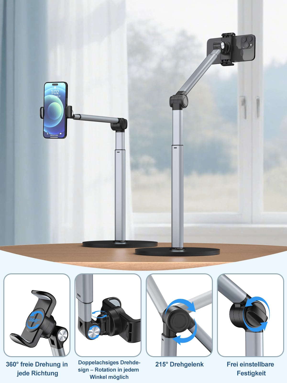 Mistriddle Schwerer Aluminium-Overhead-Handyständer – Verstellbares iPhone-Stativ für Overhead-Aufnahmen, Stabiler Halter zum Kochen, Basteln, Filmen und Malen – Ideal für Creator(Klemme)