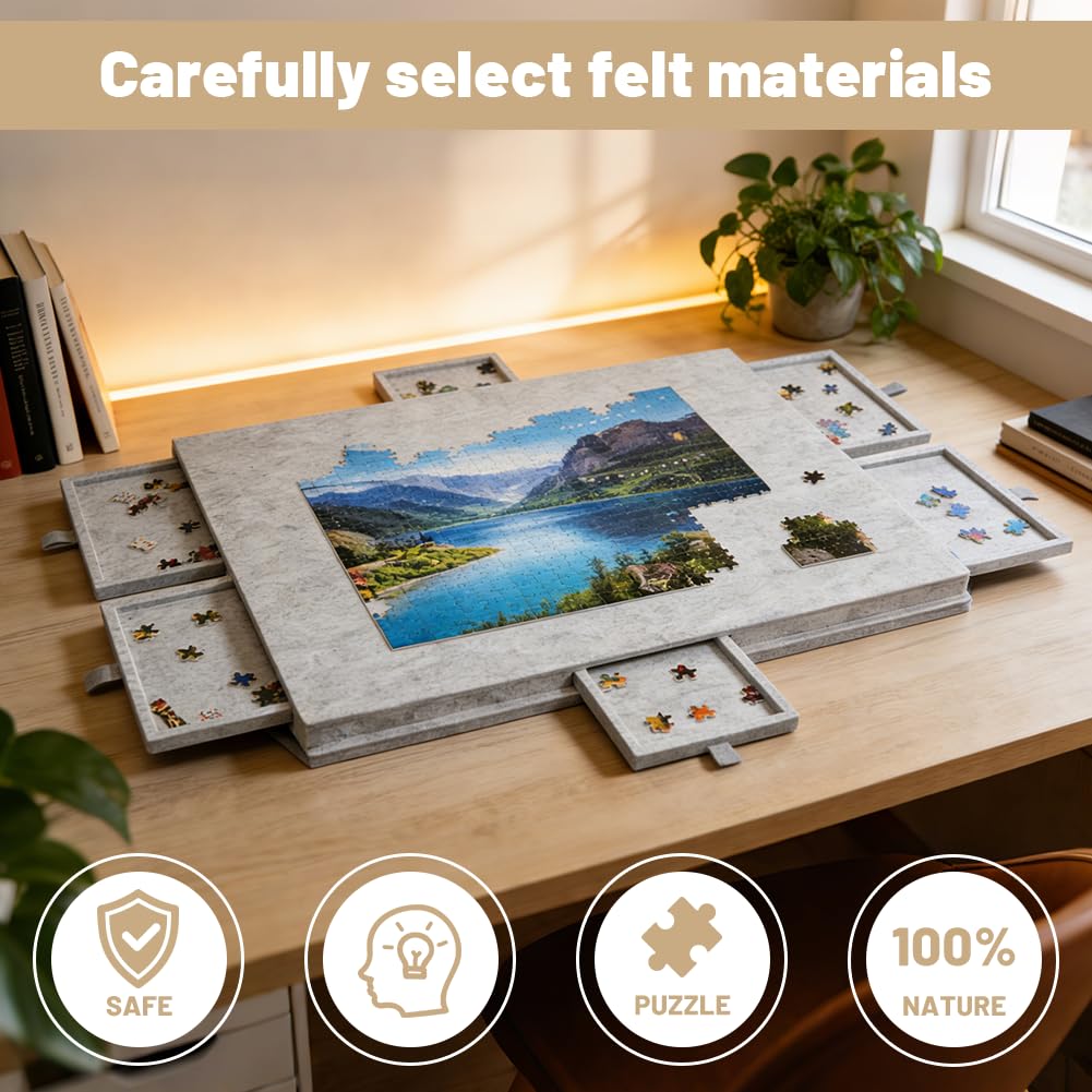 Tavolo puzzle 1000 pezzi, puzzle portatile con 6 cassetti, custodia leggera in feltro, contenitore portatile per 1000 pezzi, tavolo puzzle ribaltabile, per adulti e bambini (grigio) - 5