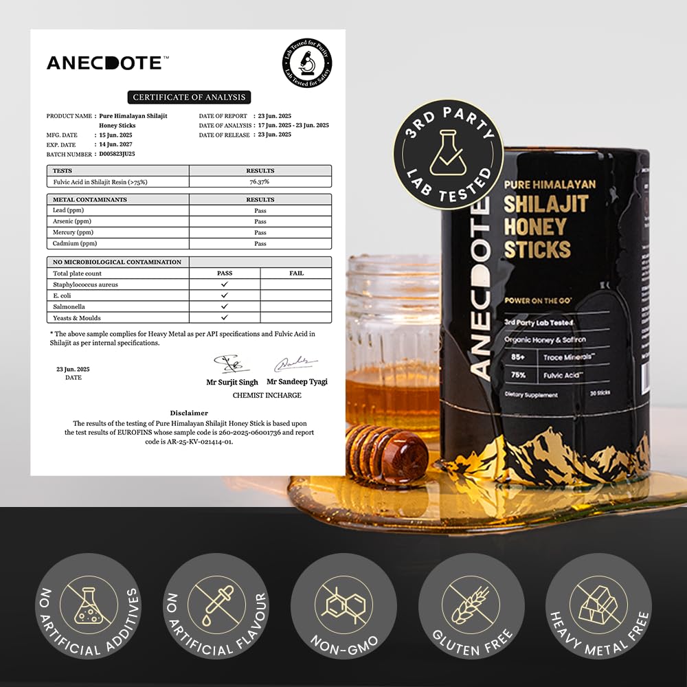 Anecdote Bastoncini di miele shilajit himalayano puro con miele e zafferano biologici | Aumenta la resistenza | Supporta l'immunità | 75% di acido fulvico, 85+ minerali traccia | Senza zucchero