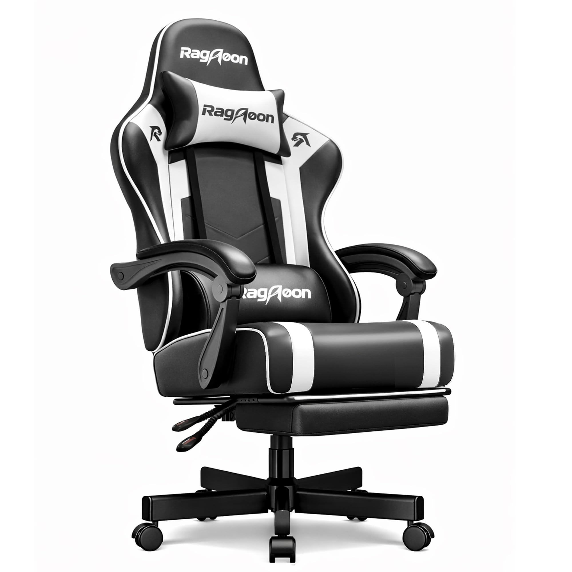 Riftracer Gaming Stuhl Chair Gamer Sessel - Ergonomischer Gamer Stuhl mit Fußstütze Kopfstütze und Lordosenstütz Höhenverstellbar Gepolstert Gamingstuhl 200 Kg Schwarz