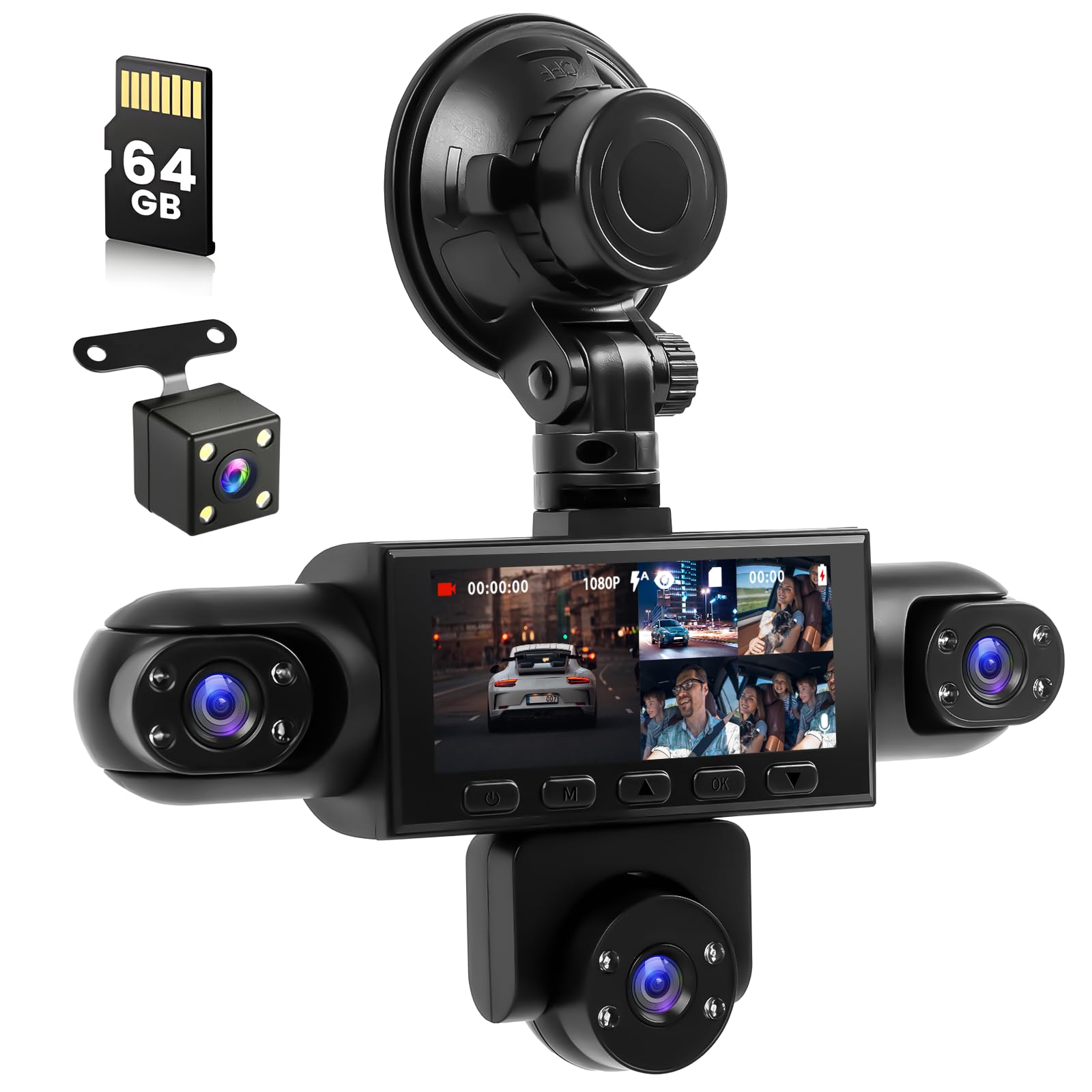 Inefala 5 Canales Dashcam Cámara Coche, Dash CAM Coche con IPS 3,2 Pantalla táctil Cámara para Coche 1080P con Tarjeta SD de 64GB Grabadora de Conducción Grand Angle Visión Nocturn Grabación de Bucle
