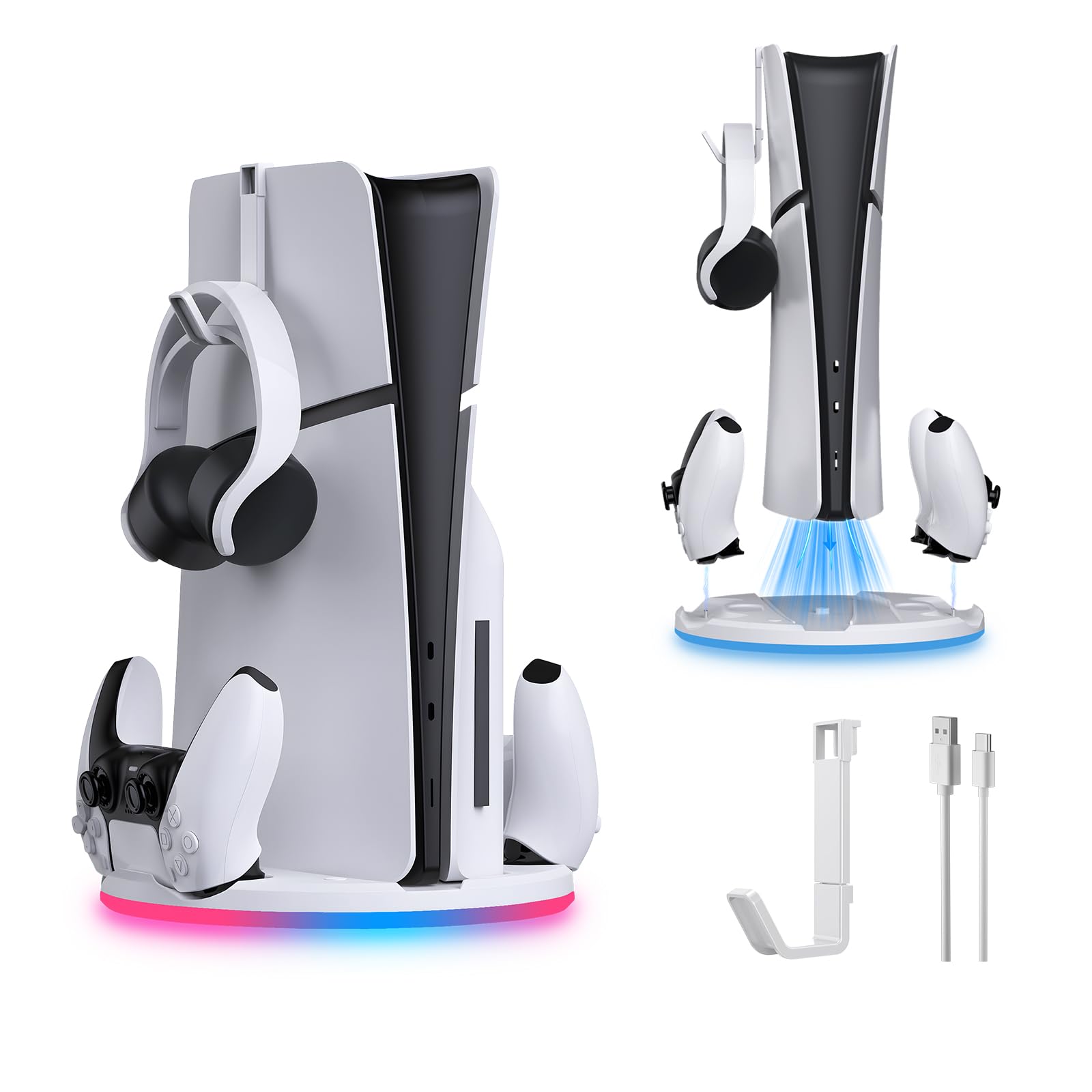 Stazione di ricarica con luce RGB per PS5 Slim, supporto di ricarica rapida con doppio controller di ricarica compatibile con PS5 Slim Digital/Disc Edition