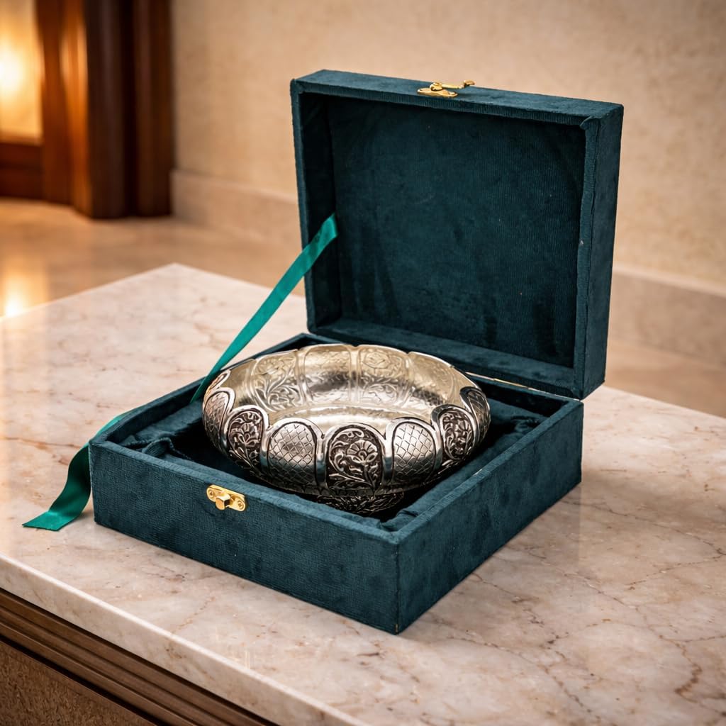 NATRIEL Antique German Silver Urli Bowl with Ornamental Rim Design, Decorative Footed Bowl with Velvet Gift Box, 3.5x7 Inch