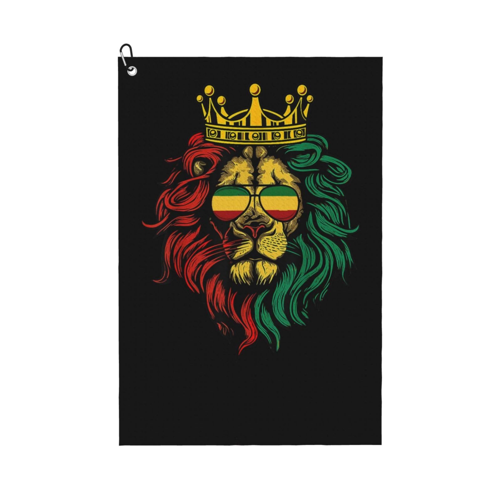 peiyeety Reggae King Rasta Flag Lion Black Microfiber Golf Towel with Carabiner Clip, 16x24 Inch Absorbent Waffle Weave Towel for Golf Bags