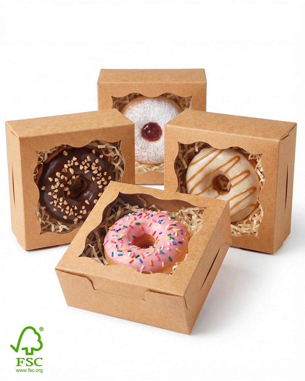 Gcardist 200 cajas de panadería marrones con ventana de 10,16 x 10,16 x 6,35 cm, cajas de macaron, pequeñas cajas de donuts y pasteles para fiestas, minilatas de galletas (4" x 4" x 2,5")