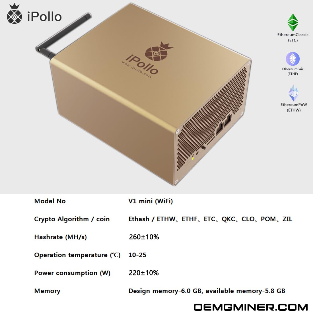 iPollo V1 Mini Classic Ethereum Classic ETC/ETHW/ETHF/QKC/CLO/POM/ZIL  Mineur 260 MH/s 220 W Crypto Monnaie avec PSU Ready Stock : Amazon.com.be:  High-tech