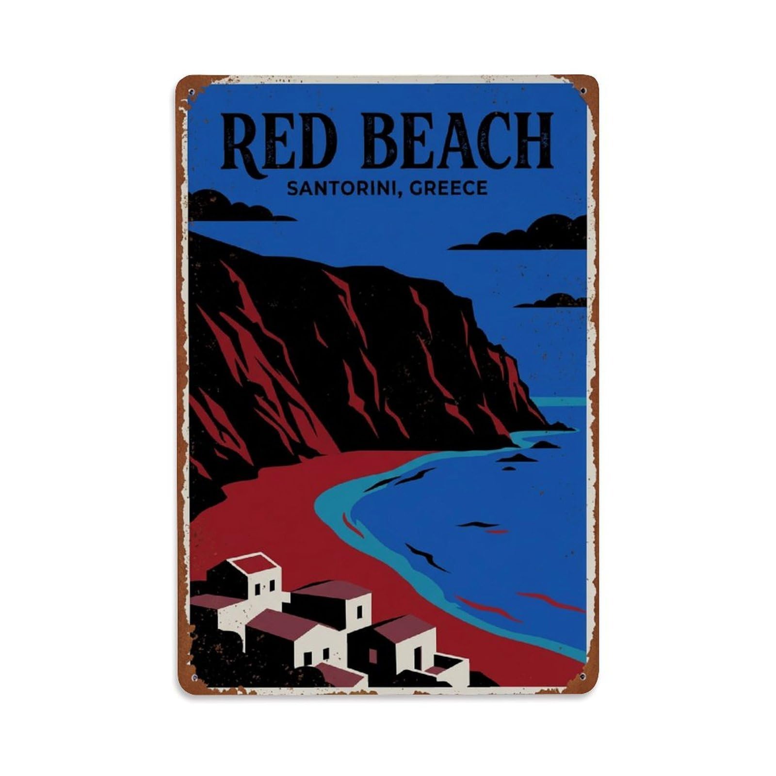Fyrn Style Metal Tin Sign Vintage Travel Red Beach Greece Volcanic